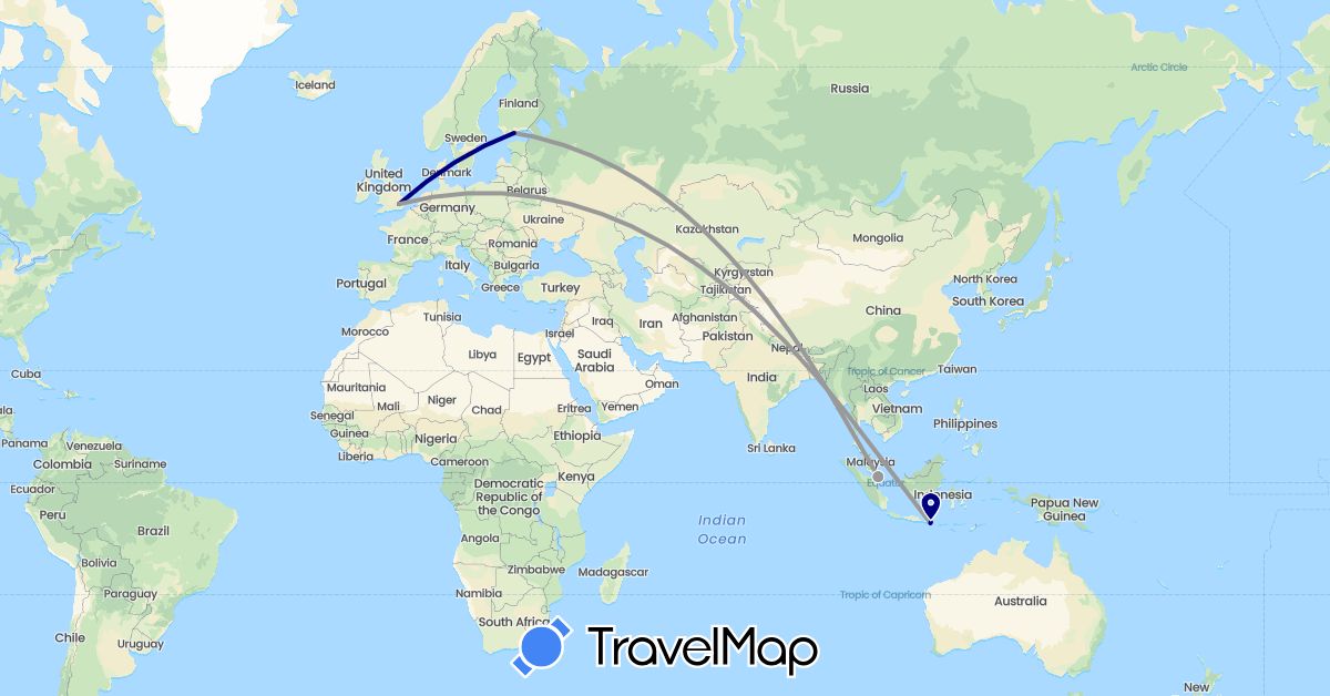 TravelMap itinerary: driving, plane in Finland, United Kingdom, Indonesia, Singapore (Asia, Europe)